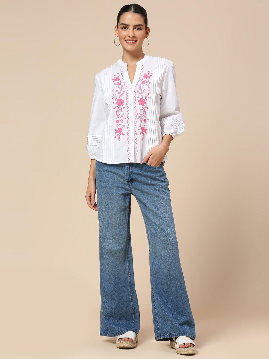 POPLIN BUTTON DOWN EMBROIDERED TUNIC TOP W/ PLEAT DETAILING