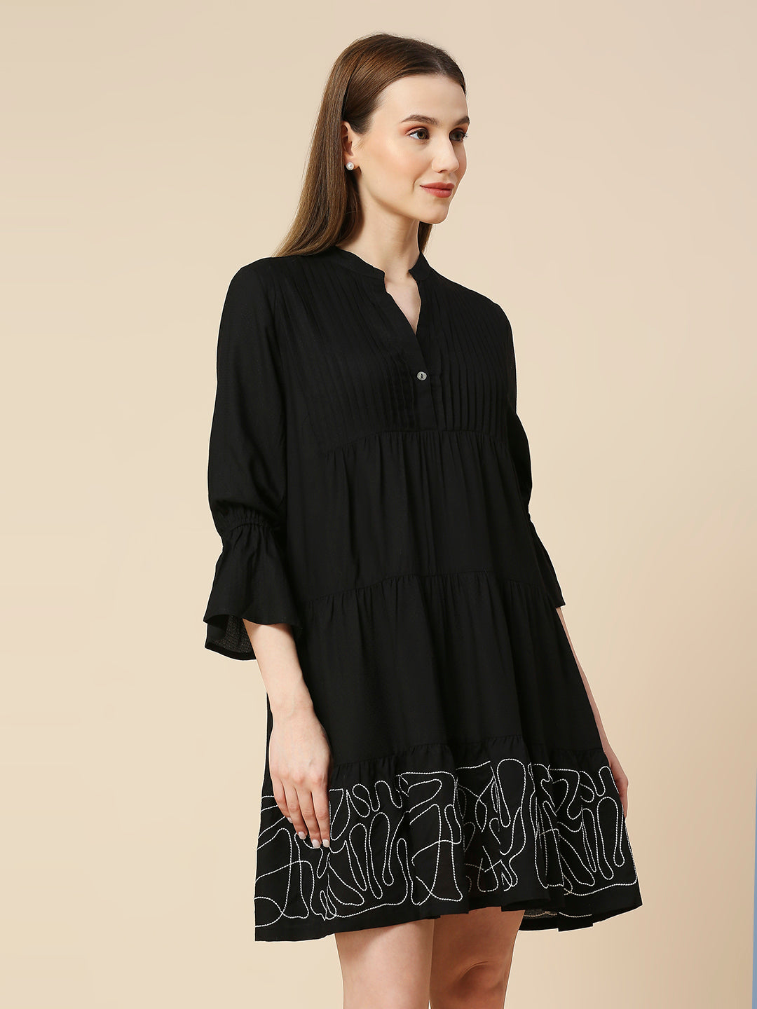 RAYON DOBBY EMBROIDERED TIERED DRESS