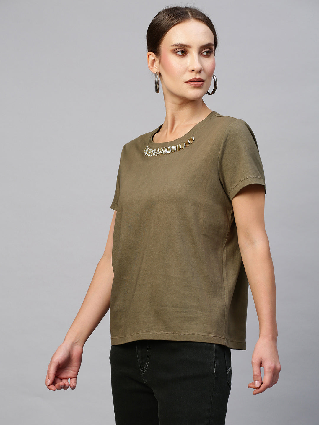 Cotton Jersey Embellished Cap Sleeve Tee