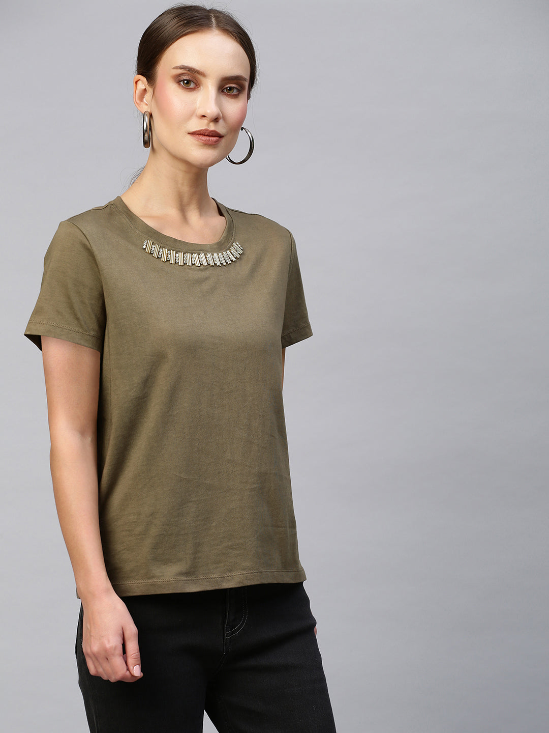 Cotton Jersey Embellished Cap Sleeve Tee