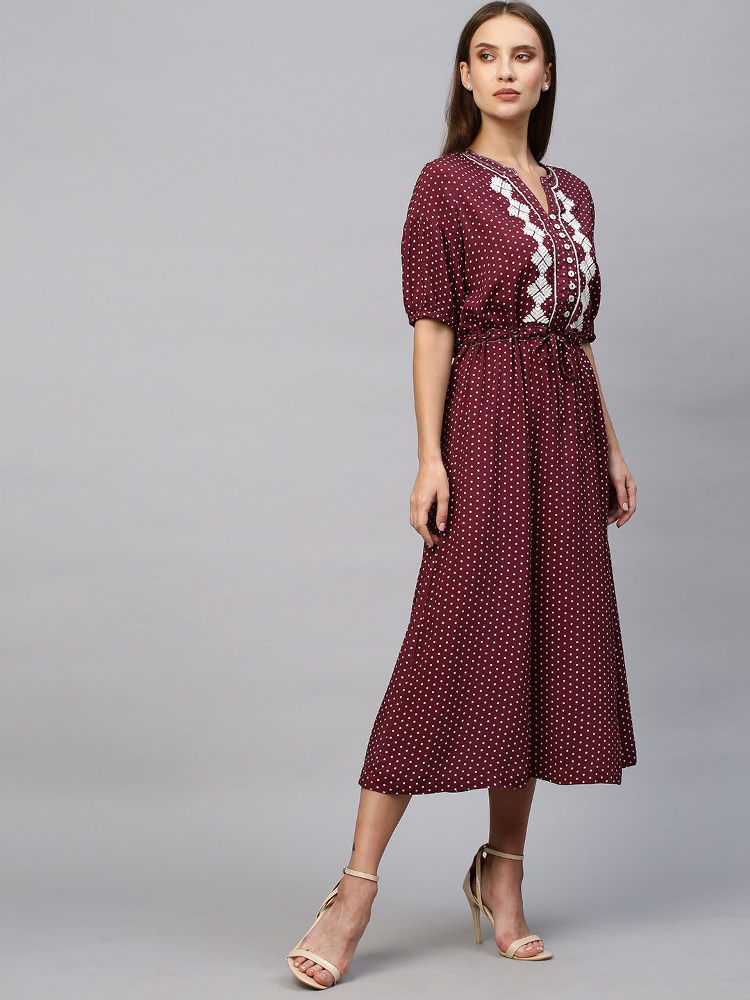 Printed Rayon, Embroidered Synched Waist Flared Shirt Dress