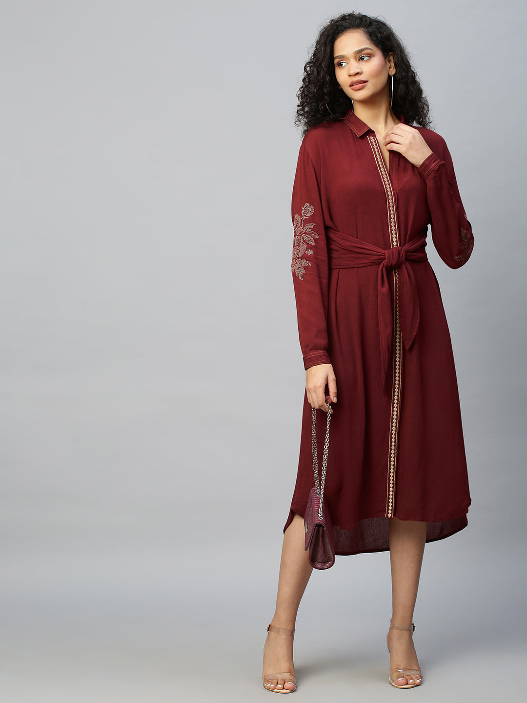 Crinkle Rayon Tie Front Shirt Dress With Embroidered Placket & Sleeves