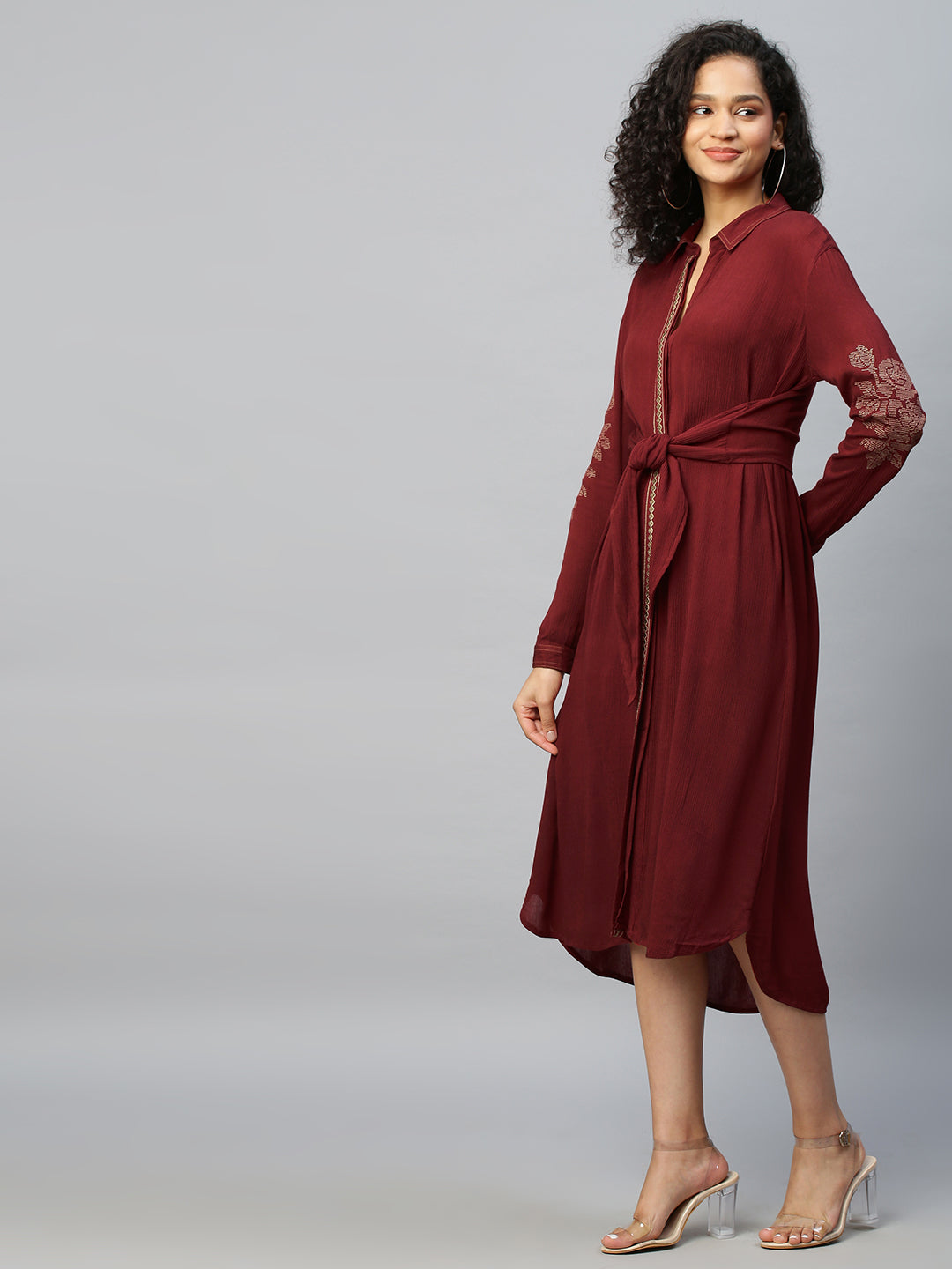 Crinkle Rayon Tie Front Shirt Dress With Embroidered Placket & Sleeves
