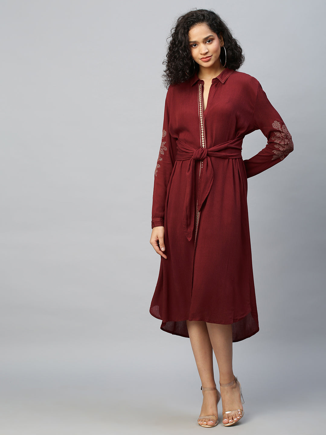 Crinkle Rayon Tie Front Shirt Dress With Embroidered Placket & Sleeves