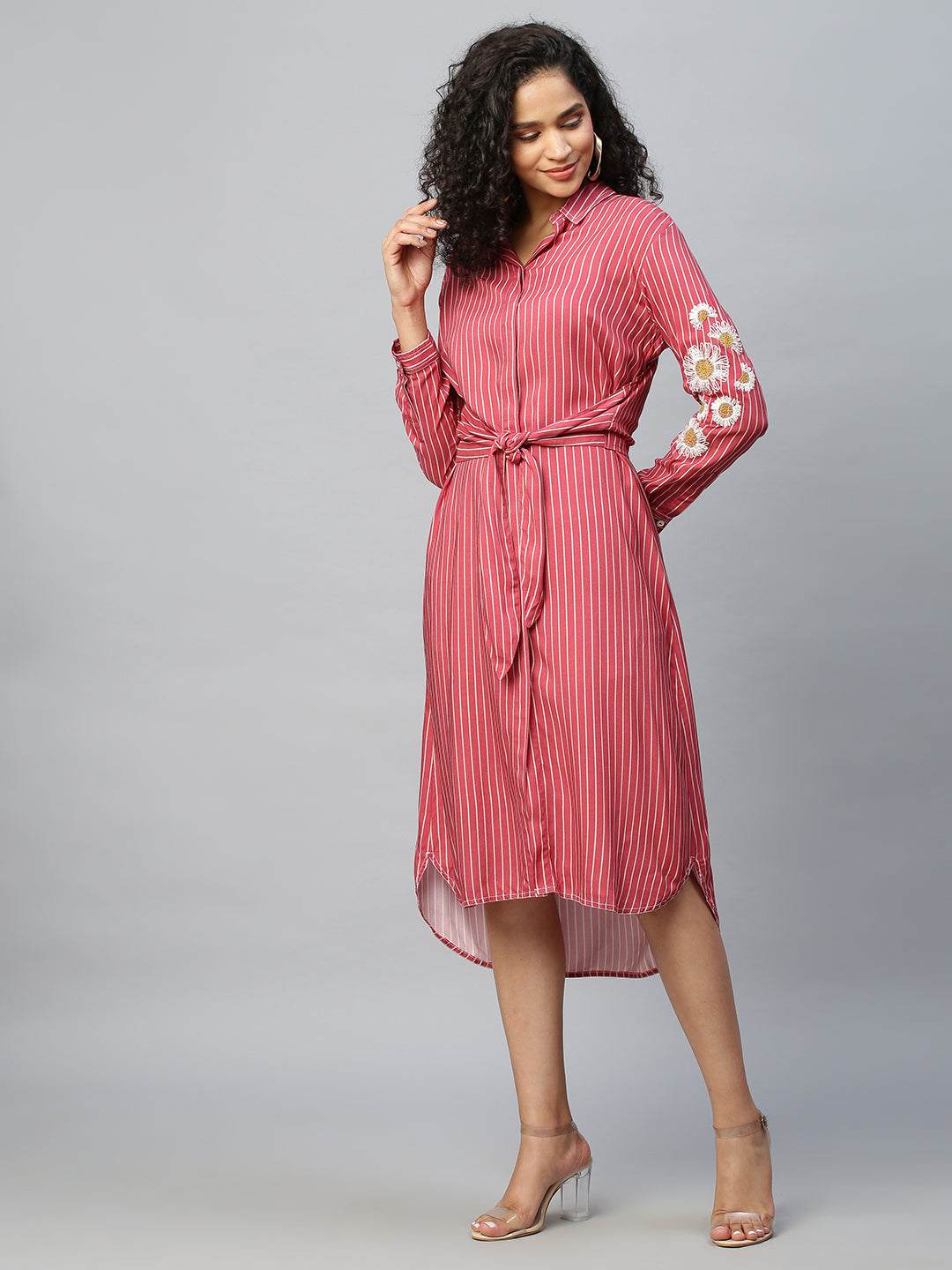 Printed Rayon Tie Front Shirt Dress With Embroidered Sleeves