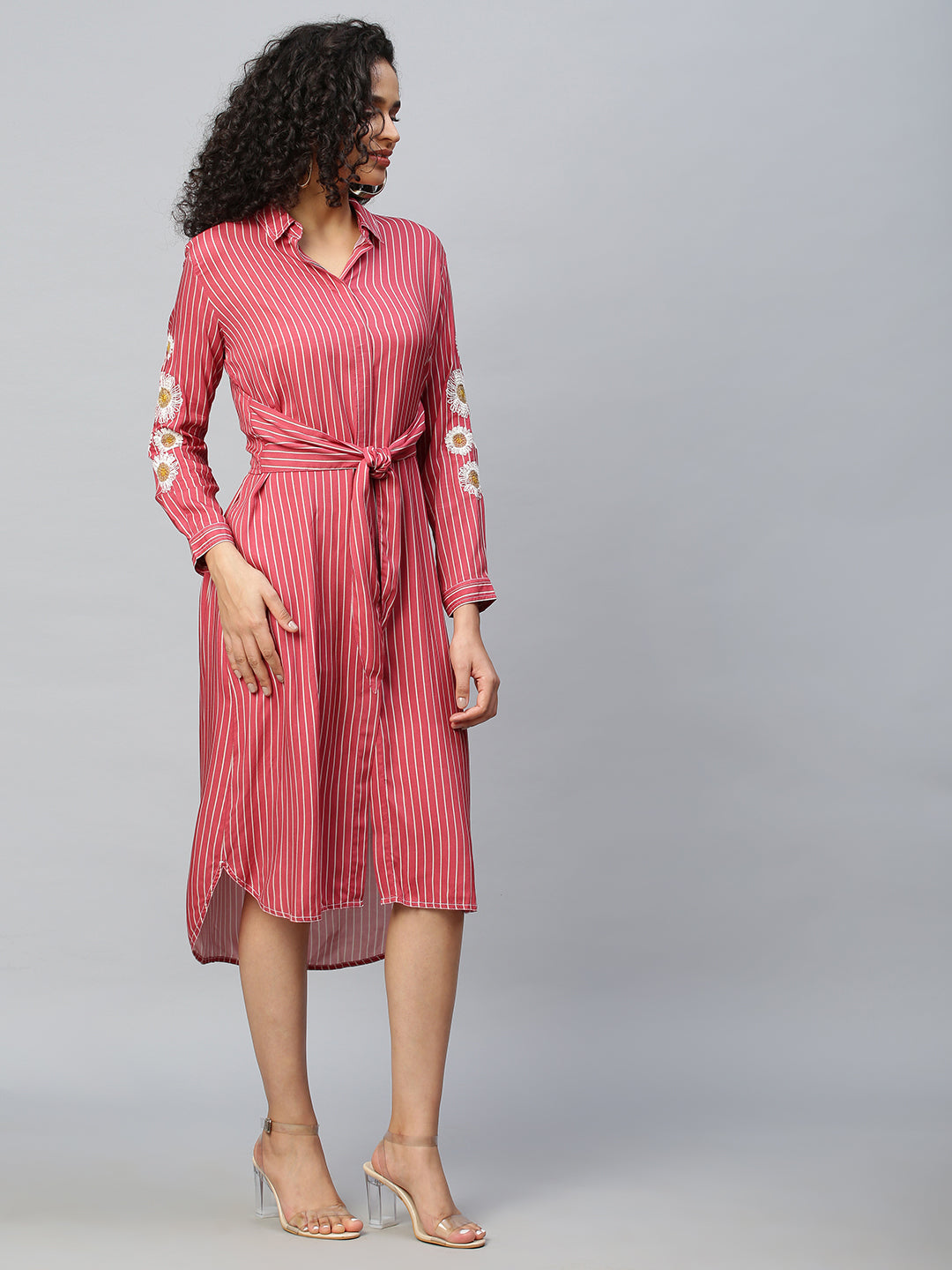 Printed Rayon Tie Front Shirt Dress With Embroidered Sleeves