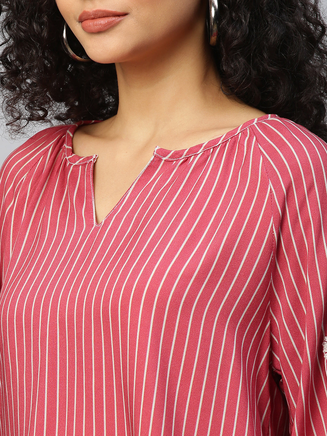 Striped Rayon Tunic Top W/ Embroidered Sleeves
