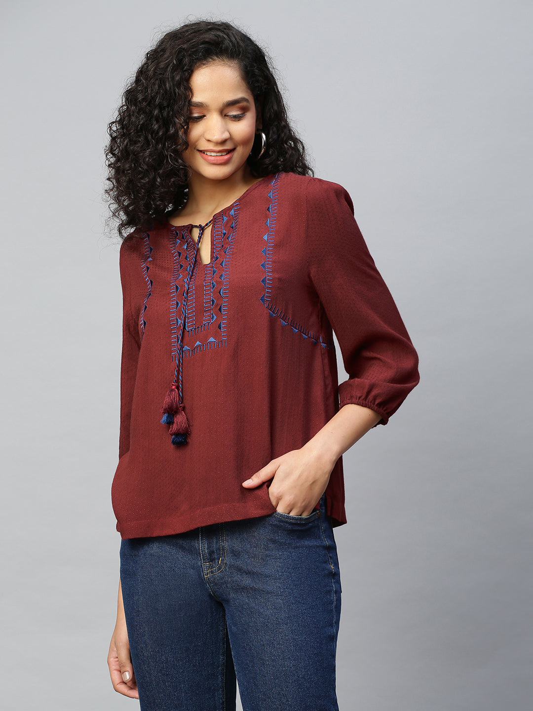 Rayon Dobby Embroidered Tunic Top