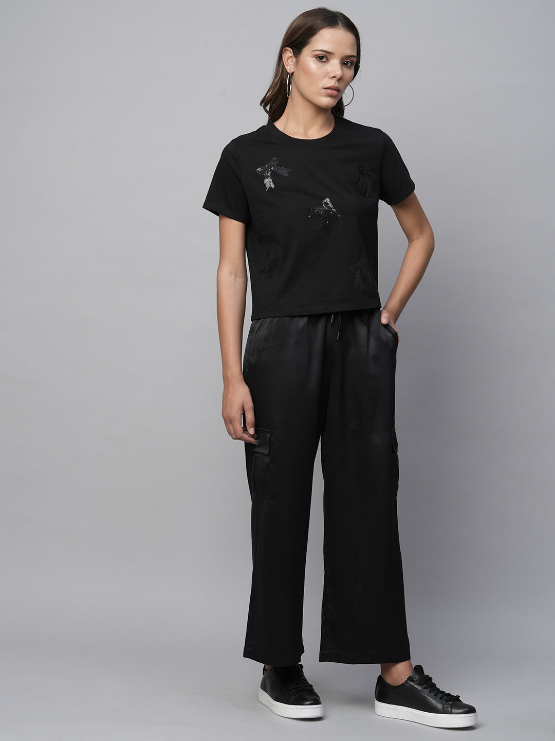 Sequin Embroidered Tee & Satin Cargo Lounge Pant Set