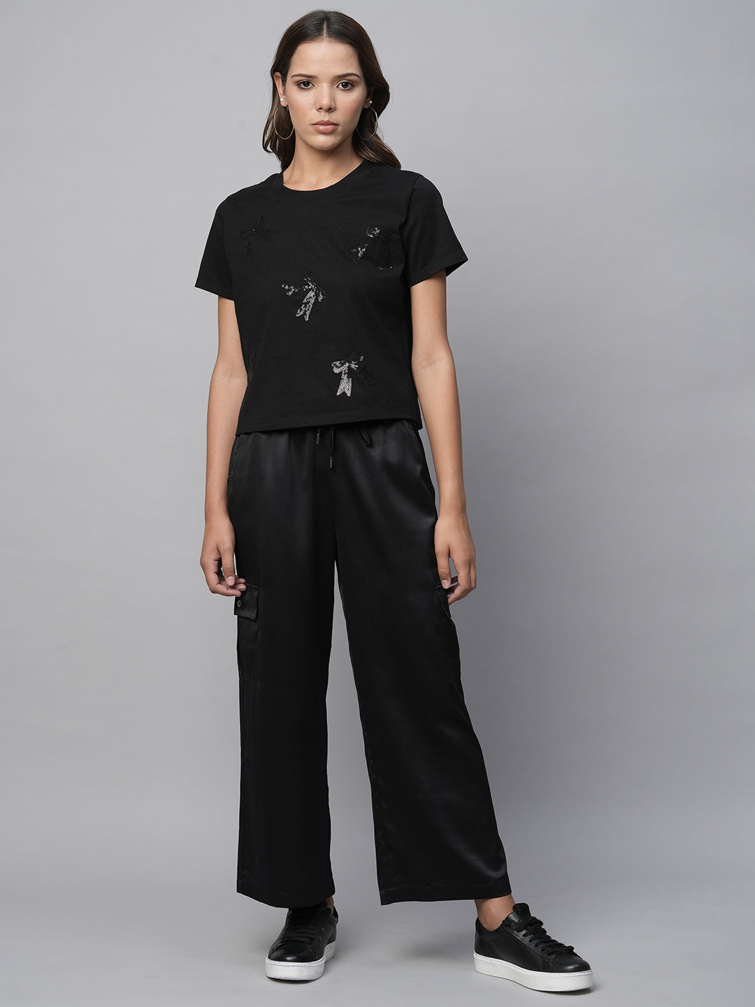 Sequin Embroidered Tee & Satin Cargo Lounge Pant Set