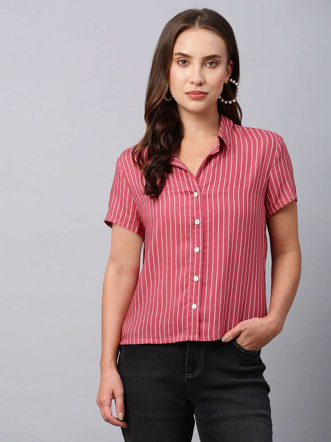 Rayon Striped Straight Fit Cropped Shirt