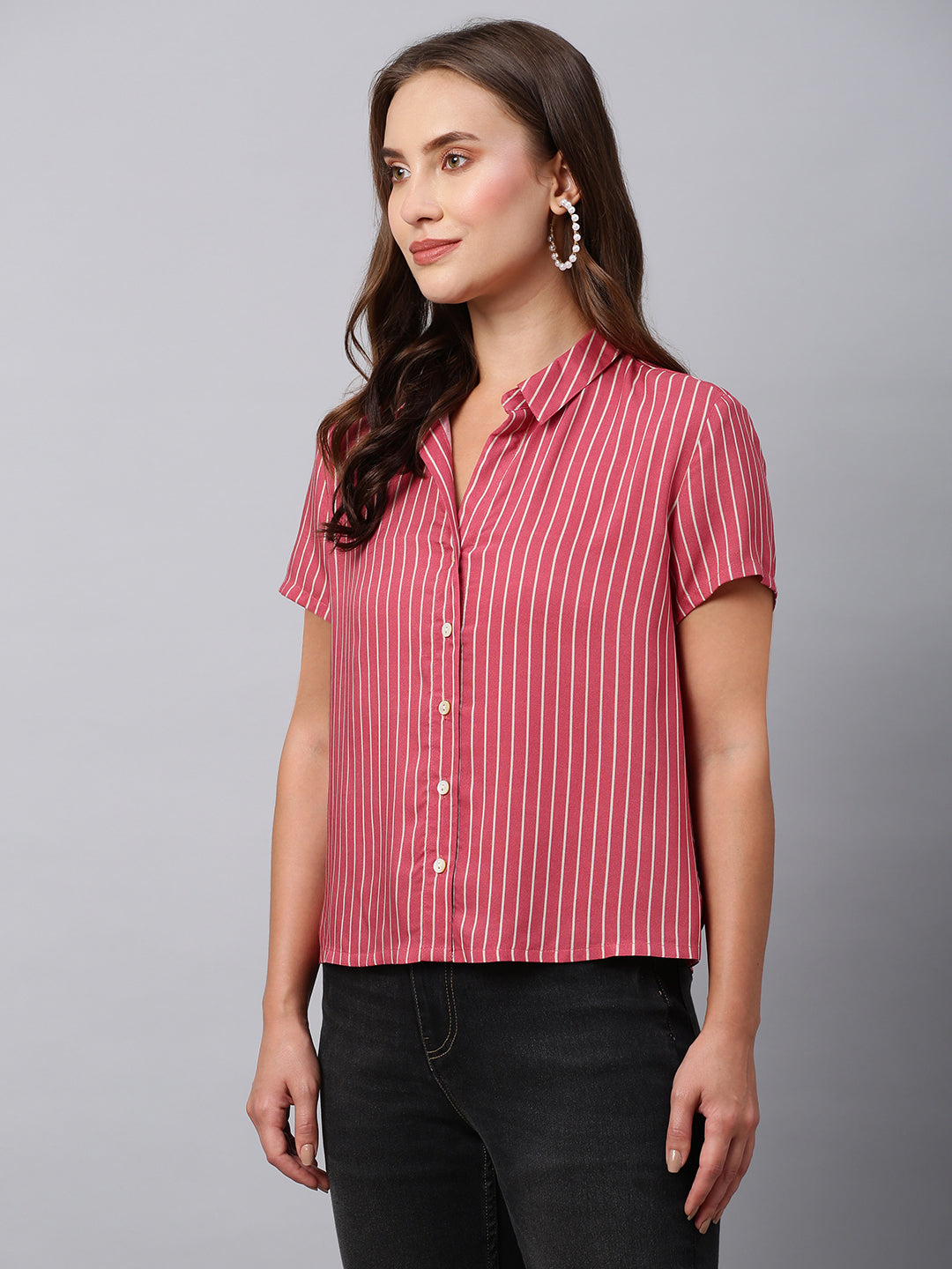 Rayon Striped Straight Fit Cropped Shirt
