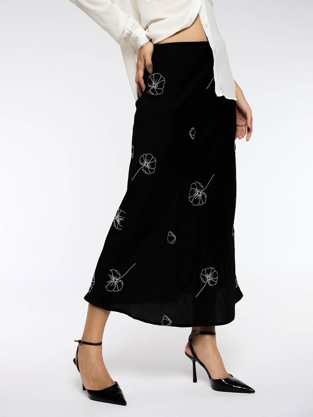 CRUSHED SATIN EMBROIDERED BIAS SKIRT