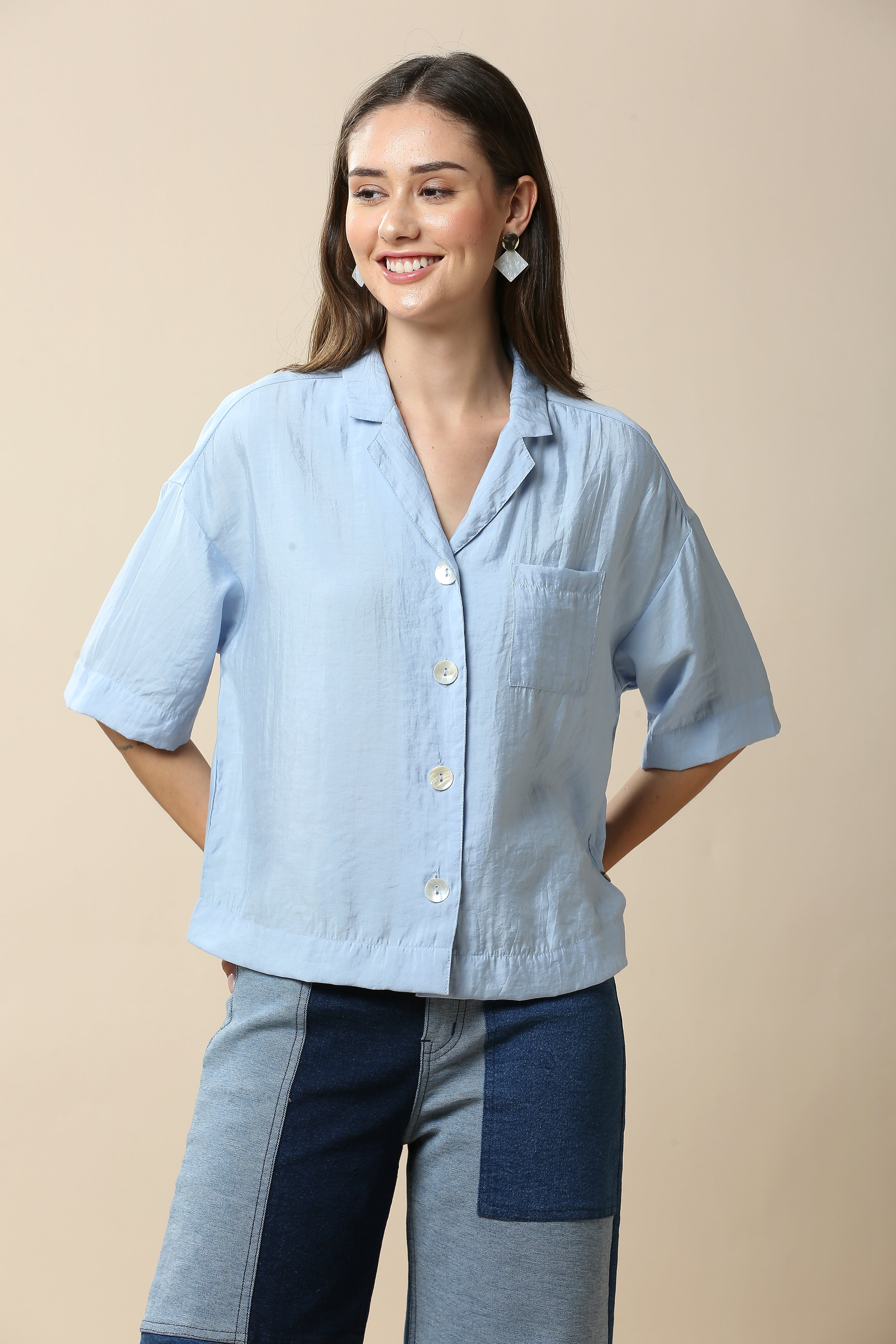 CRUSHED VISCOSE NYLON LAPEL COLLAR CROPPED SHIRT