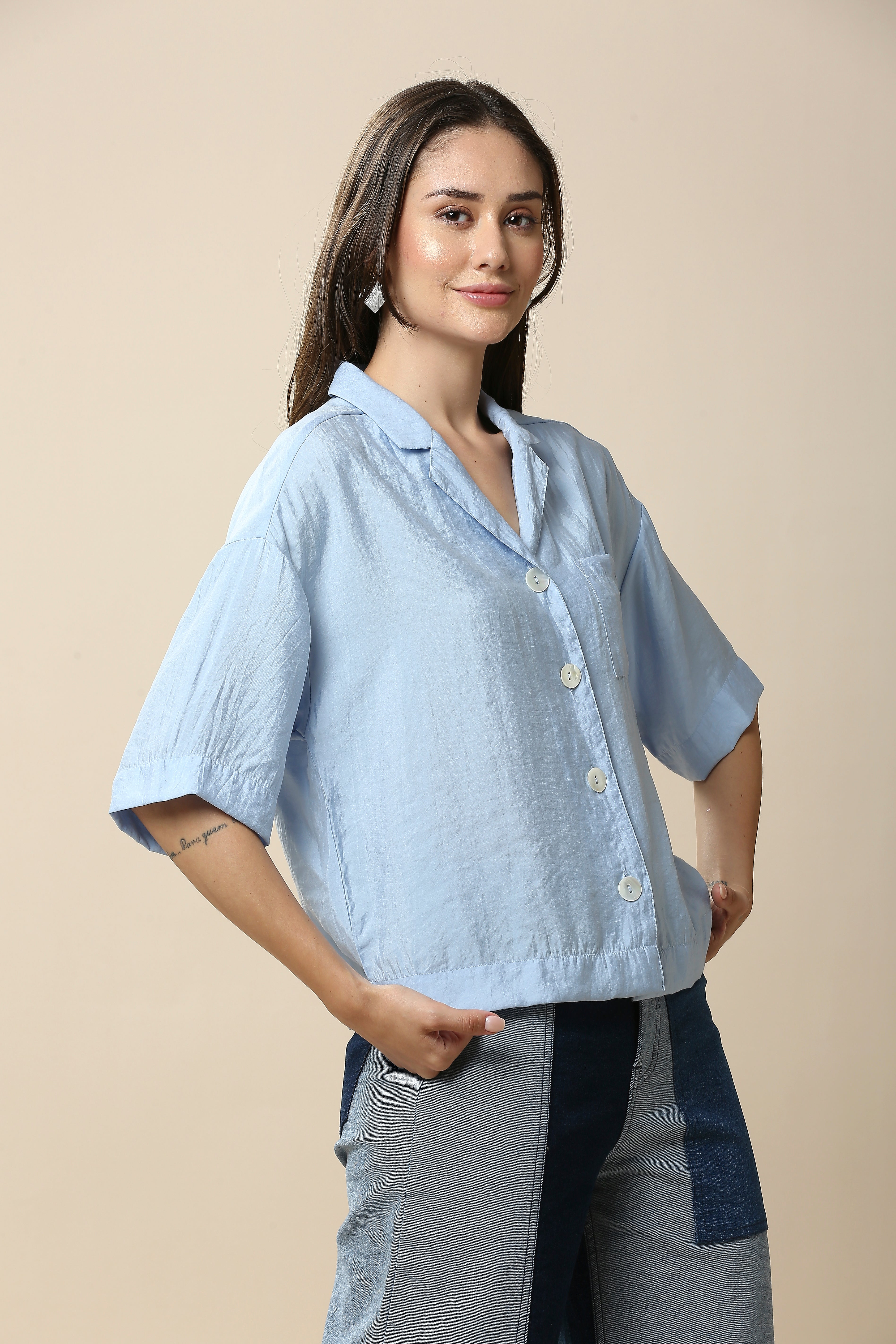 CRUSHED VISCOSE NYLON LAPEL COLLAR CROPPED SHIRT