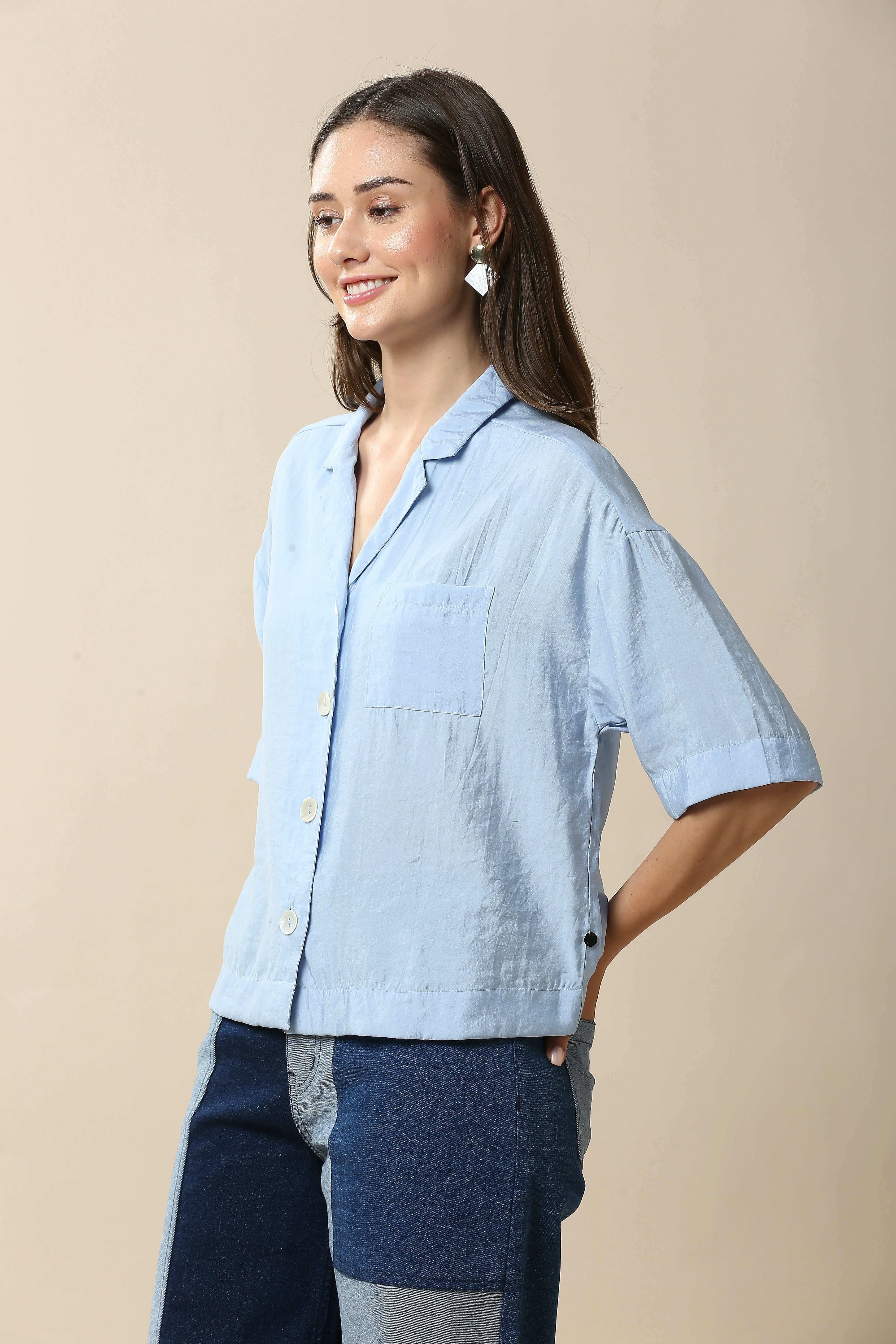 CRUSHED VISCOSE NYLON LAPEL COLLAR CROPPED SHIRT