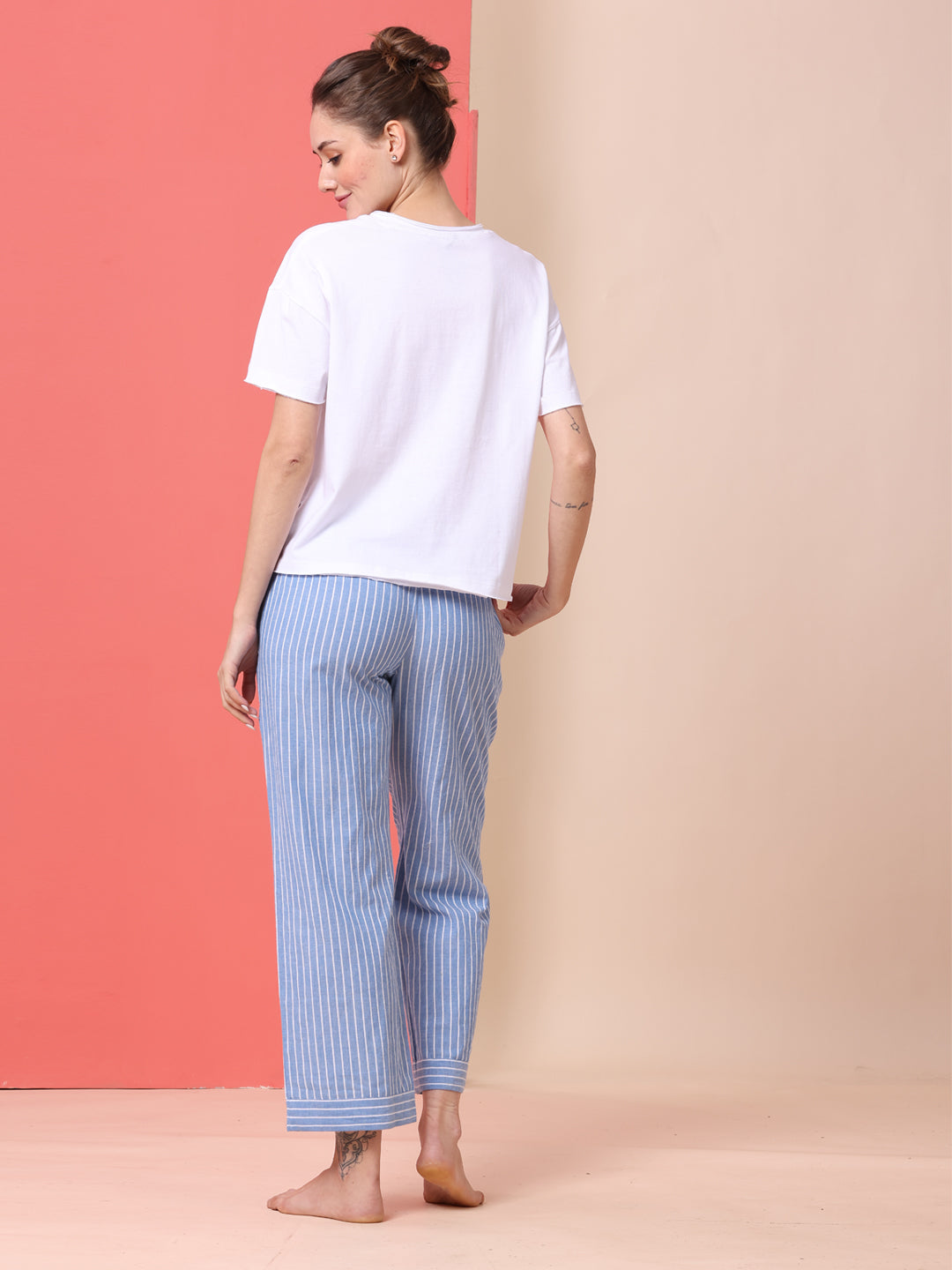 COTTON PRINTED TEE & STRIPED PJ NIGHT SUIT