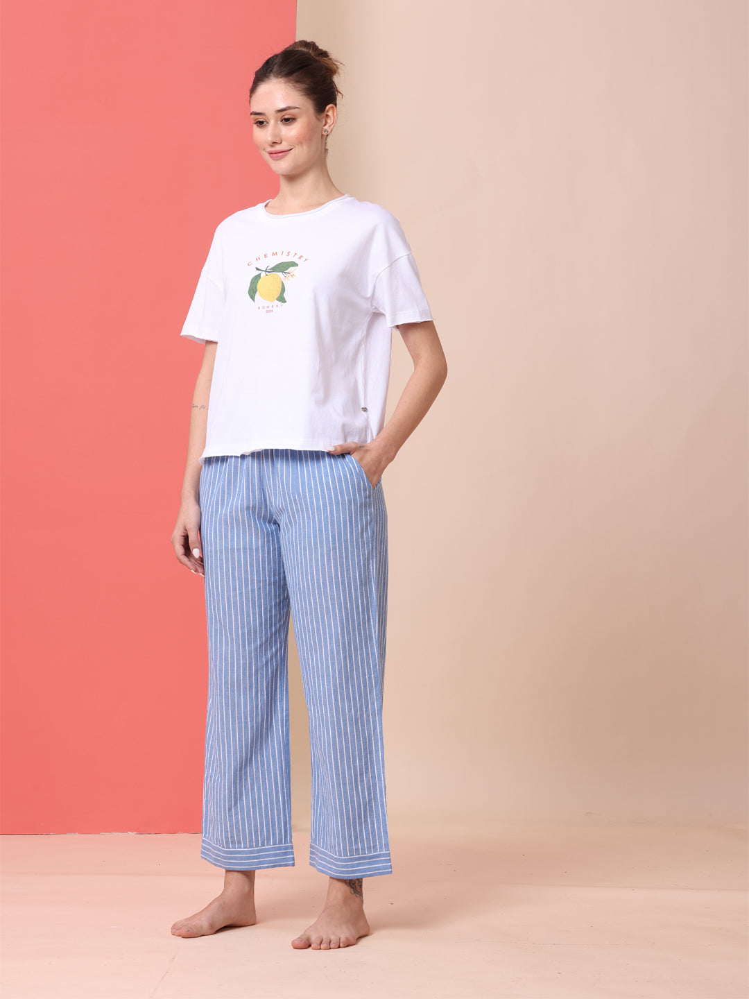 COTTON PRINTED TEE & STRIPED PJ NIGHT SUIT