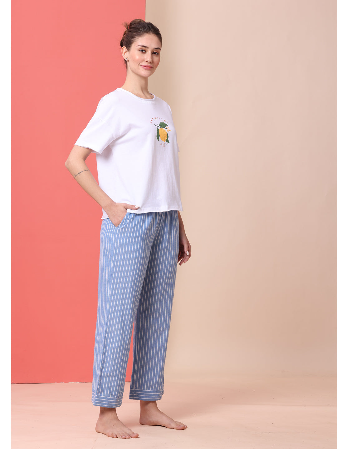 COTTON PRINTED TEE & STRIPED PJ NIGHT SUIT