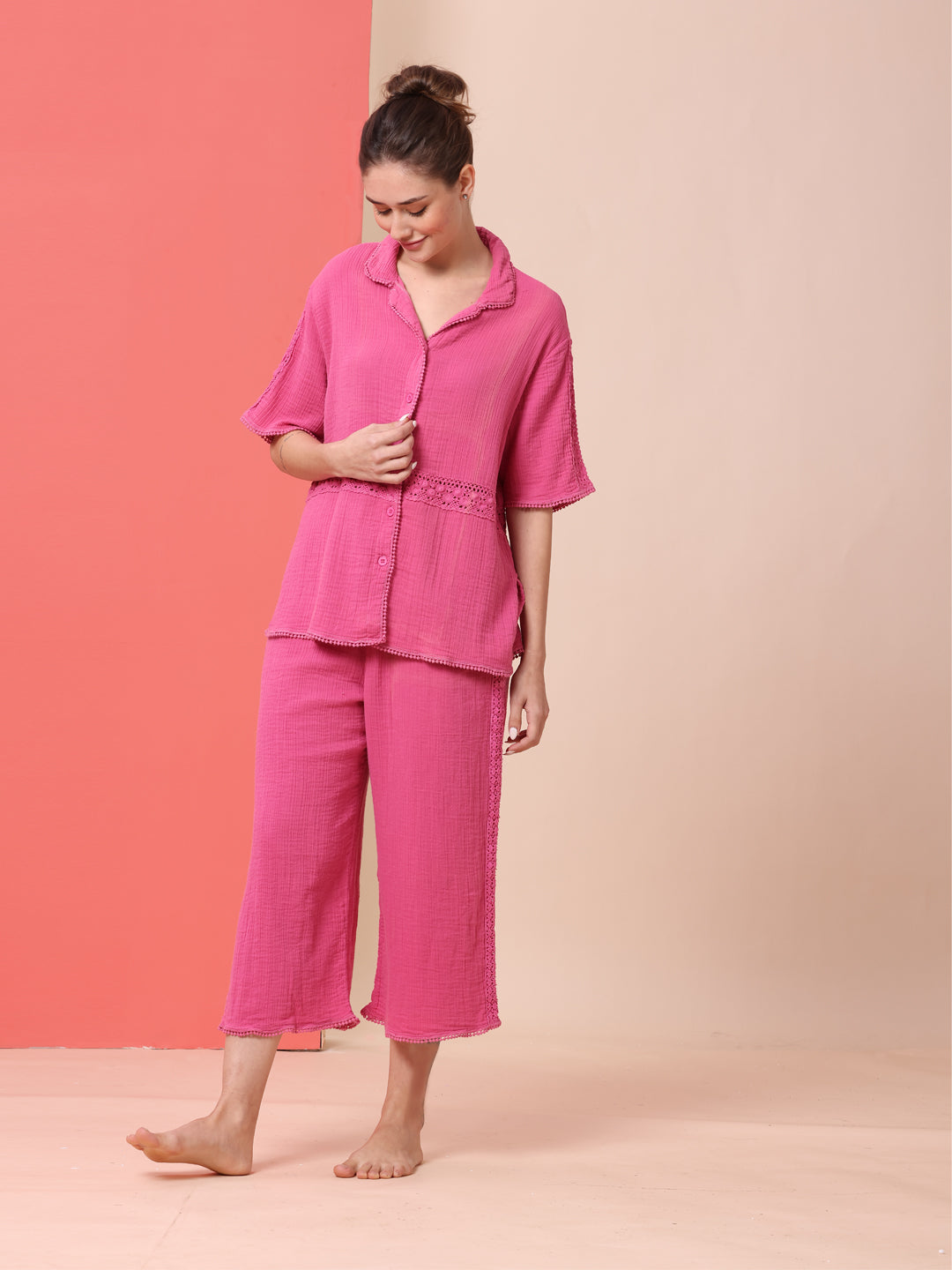 CRINKLE DOUBLE CREPE COTTON LACE TRIMMED LOUNGEWEAR SET W/ BUTTON DOWN SHIRT & WIDE LEG PG'S