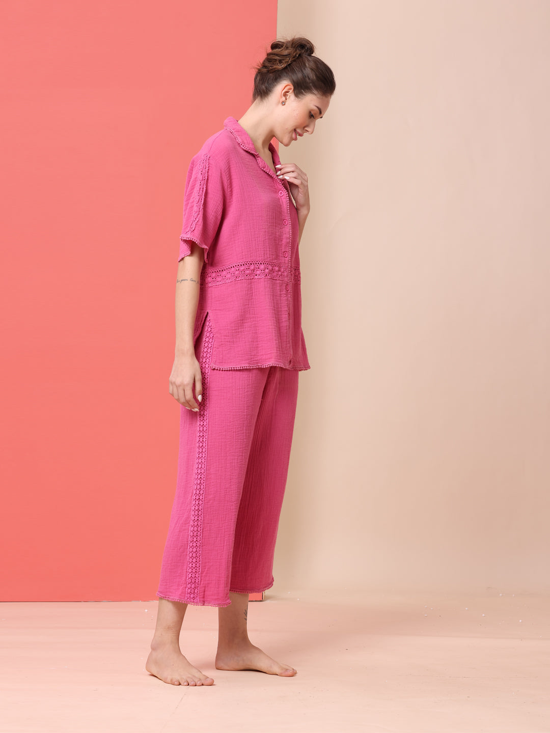 CRINKLE DOUBLE CREPE COTTON LACE TRIMMED LOUNGEWEAR SET W/ BUTTON DOWN SHIRT & WIDE LEG PG'S