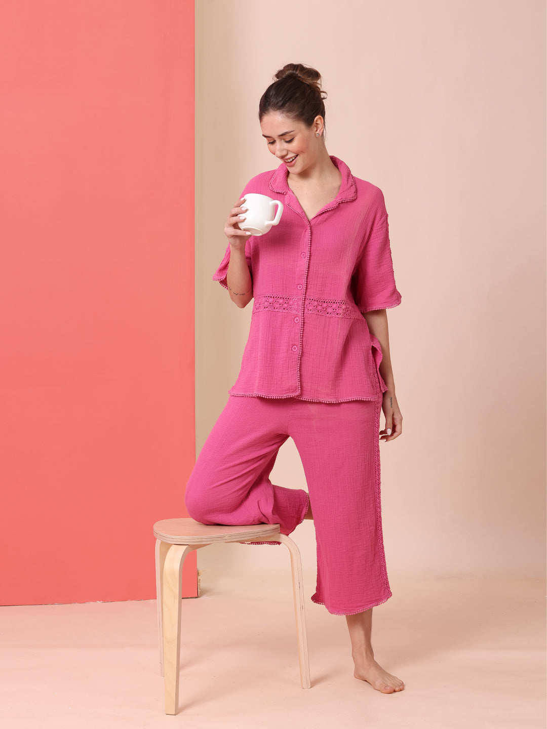 CRINKLE DOUBLE CREPE COTTON LACE TRIMMED LOUNGEWEAR SET W/ BUTTON DOWN SHIRT & WIDE LEG PG'S