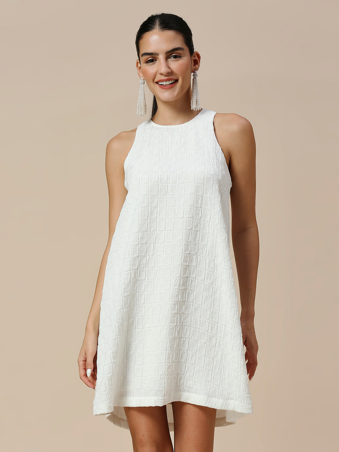 INCUT NECK TEXTURED CRUSHED POLY A-LINE DRESS