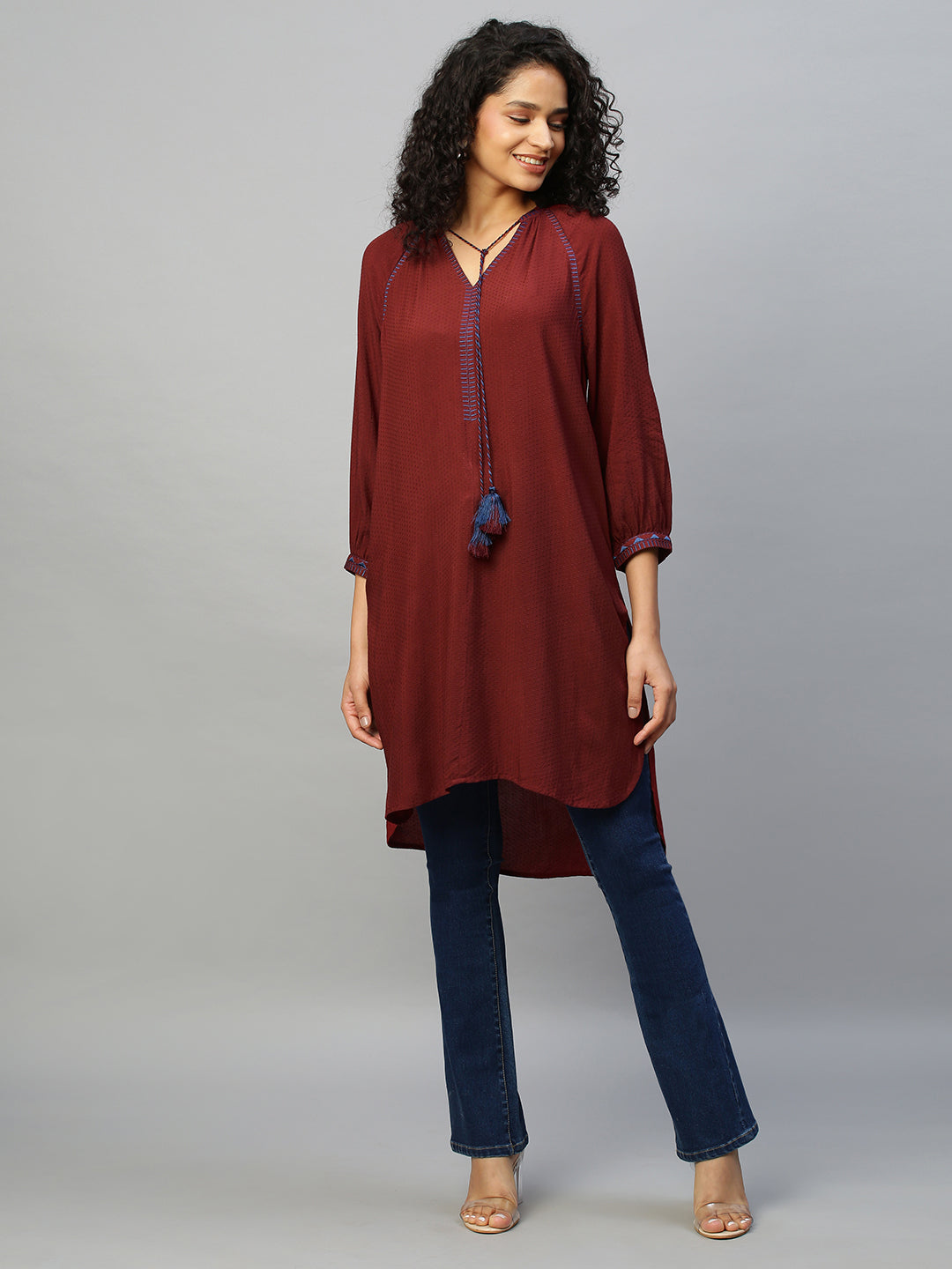Rayon Dobby Embroidered Longline Tunic