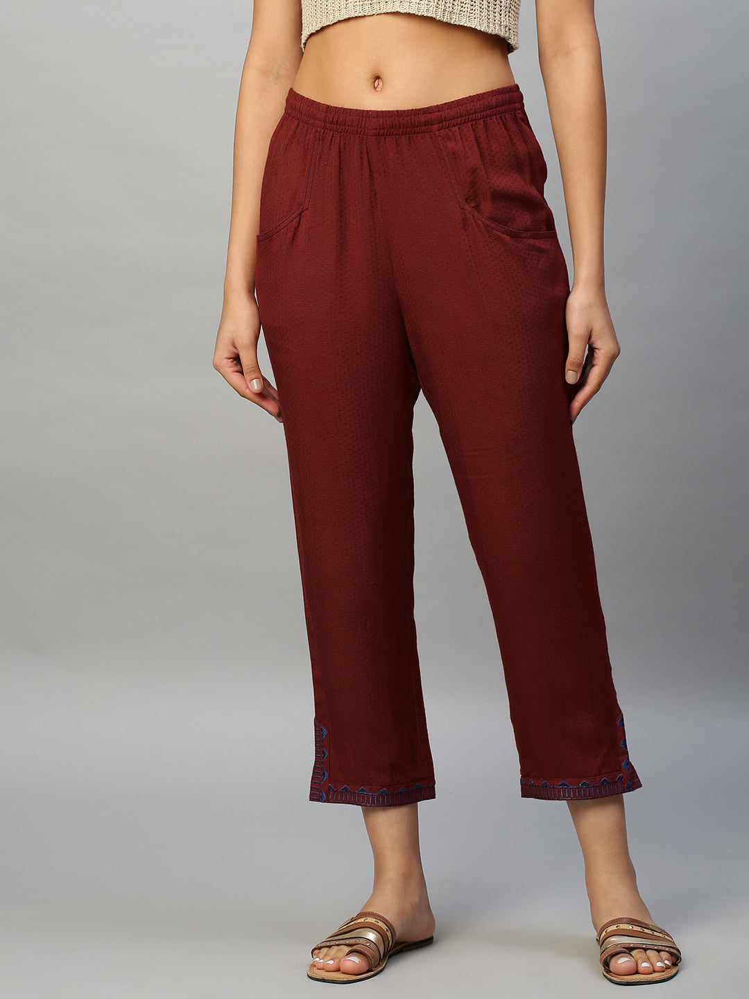 Rayon Dobby Embroidered Pull On Trousers