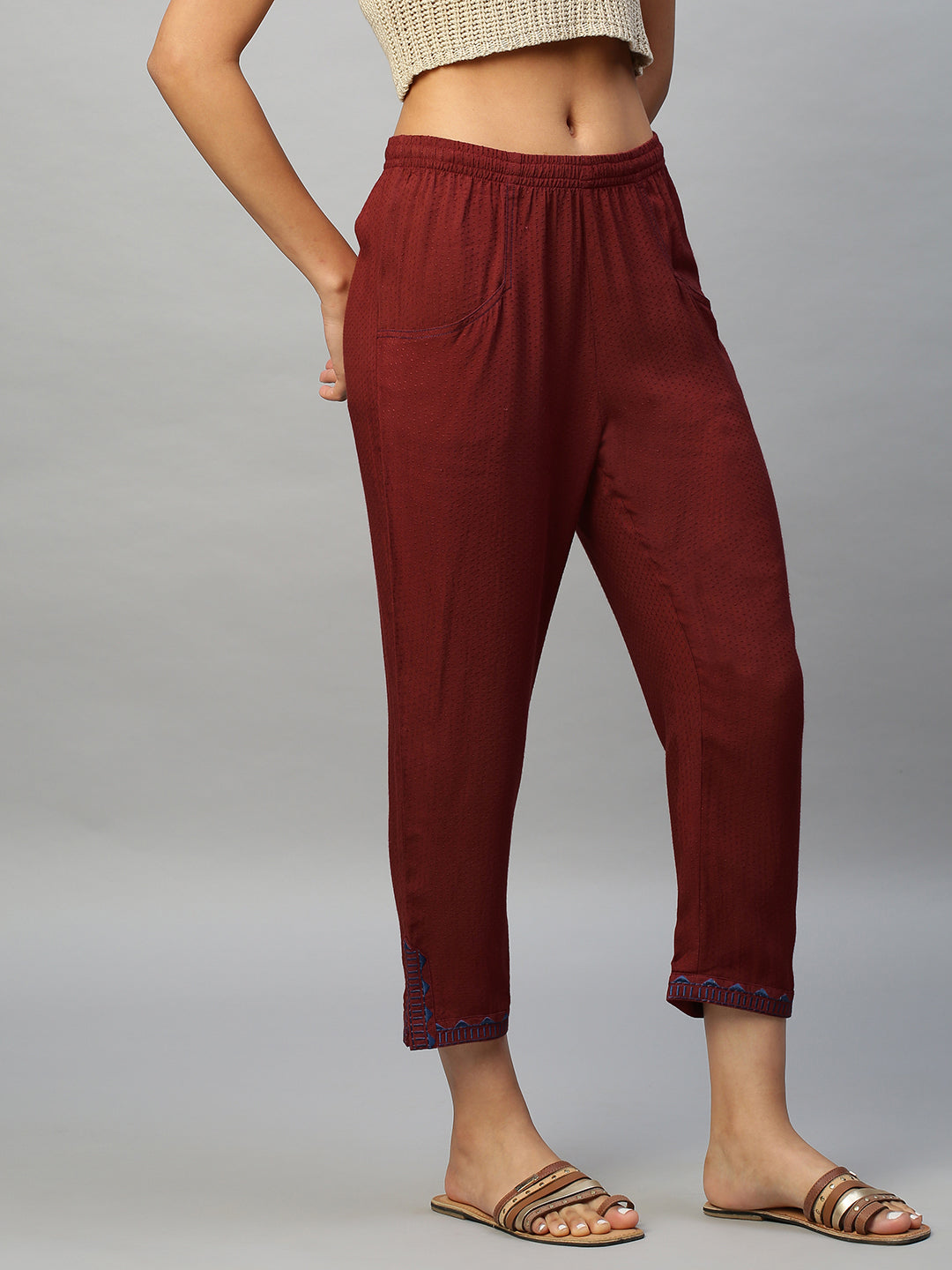 Rayon Dobby Embroidered Pull On Trousers