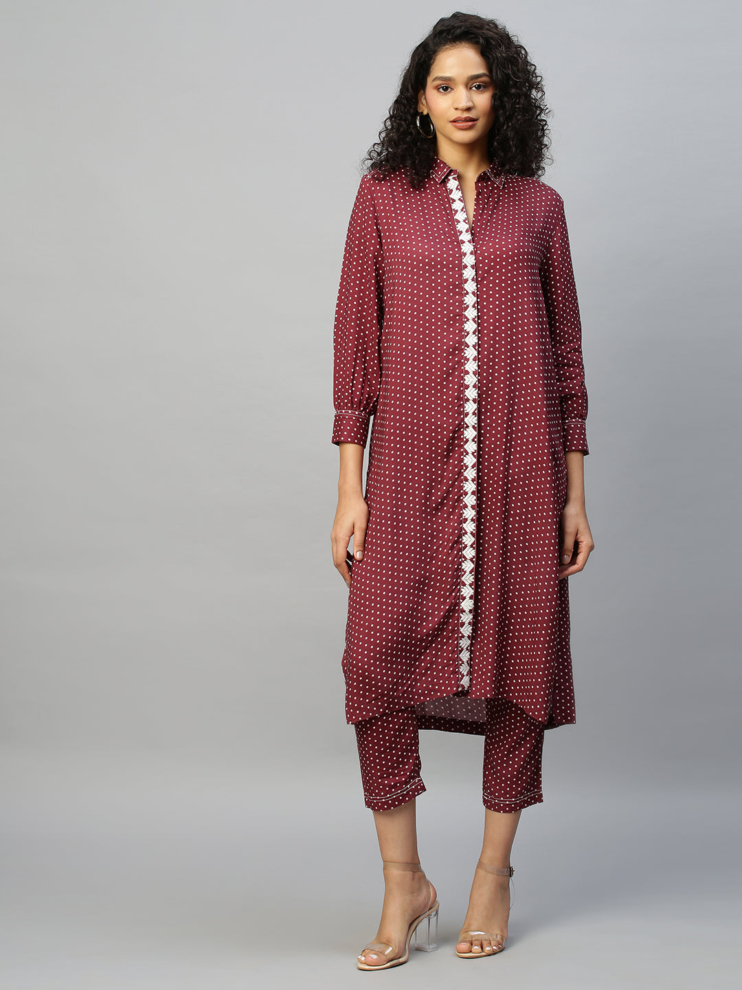 Rayon Dot Printed Embroidered Placket Shirt Styled Tunic  And Trouser Set