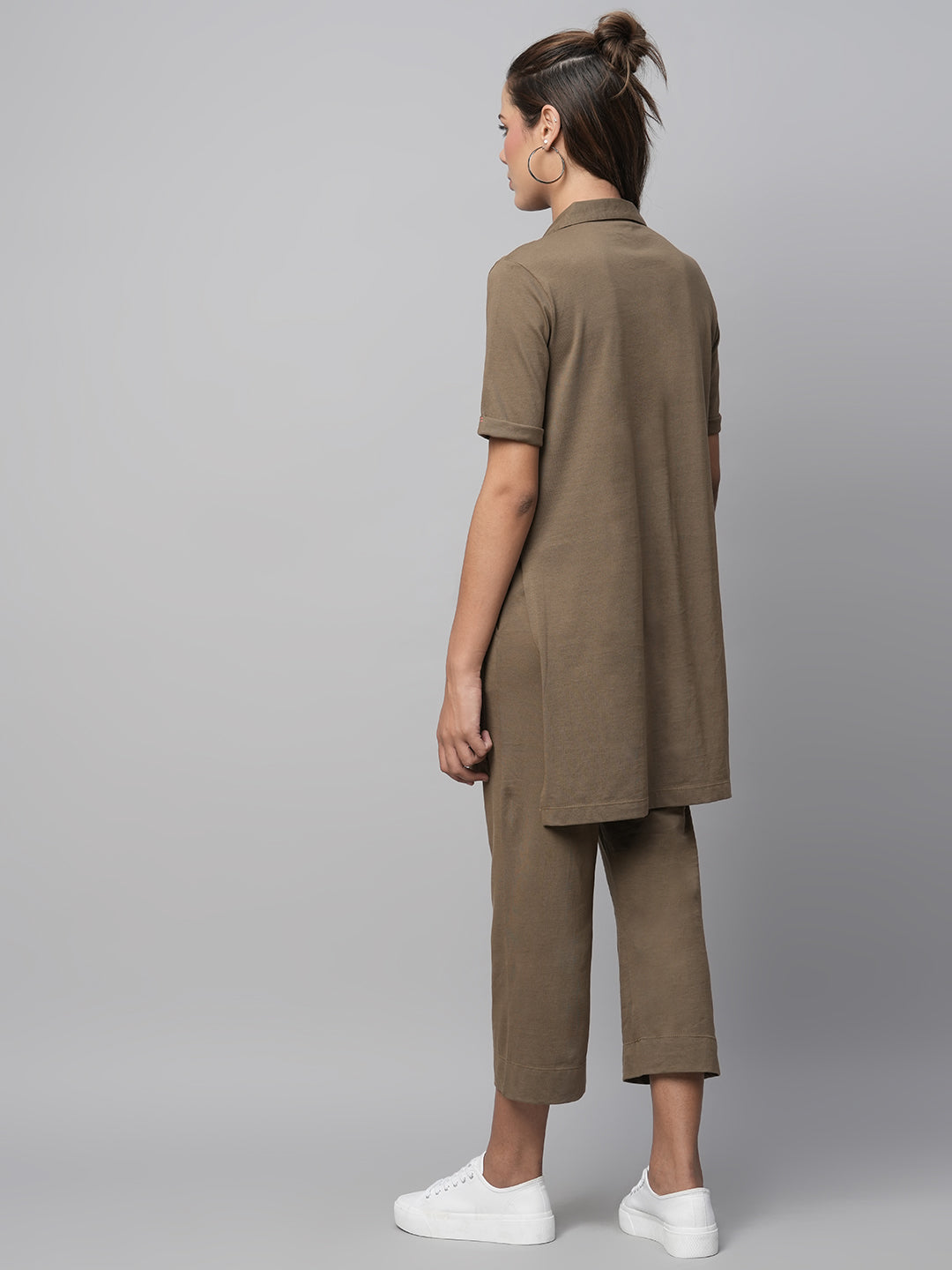 Cotton Jersey Longline Tee W/ High Slits And Cropped Slim Pant Set