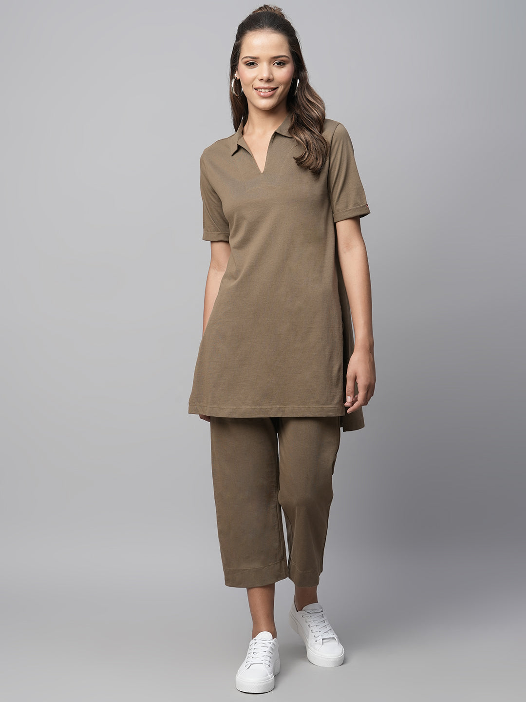 Cotton Jersey Longline Tee W/ High Slits And Cropped Slim Pant Set