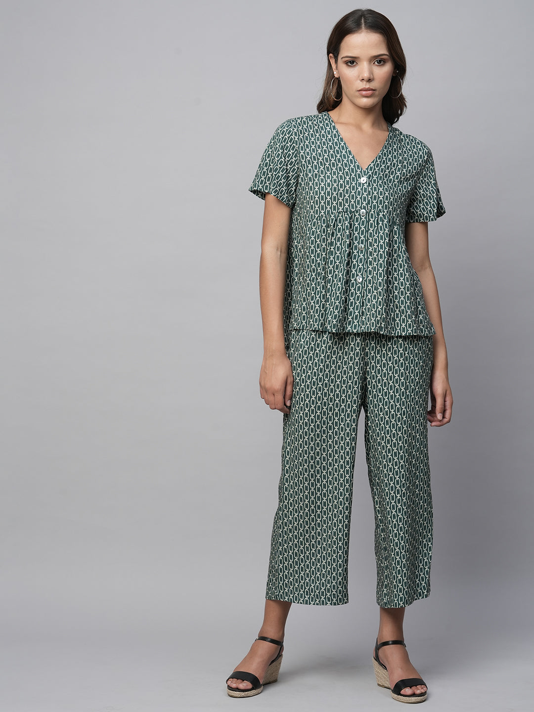 Printed Viscose Basque Swing Top With Pull On Wide Leg Cropped Pants