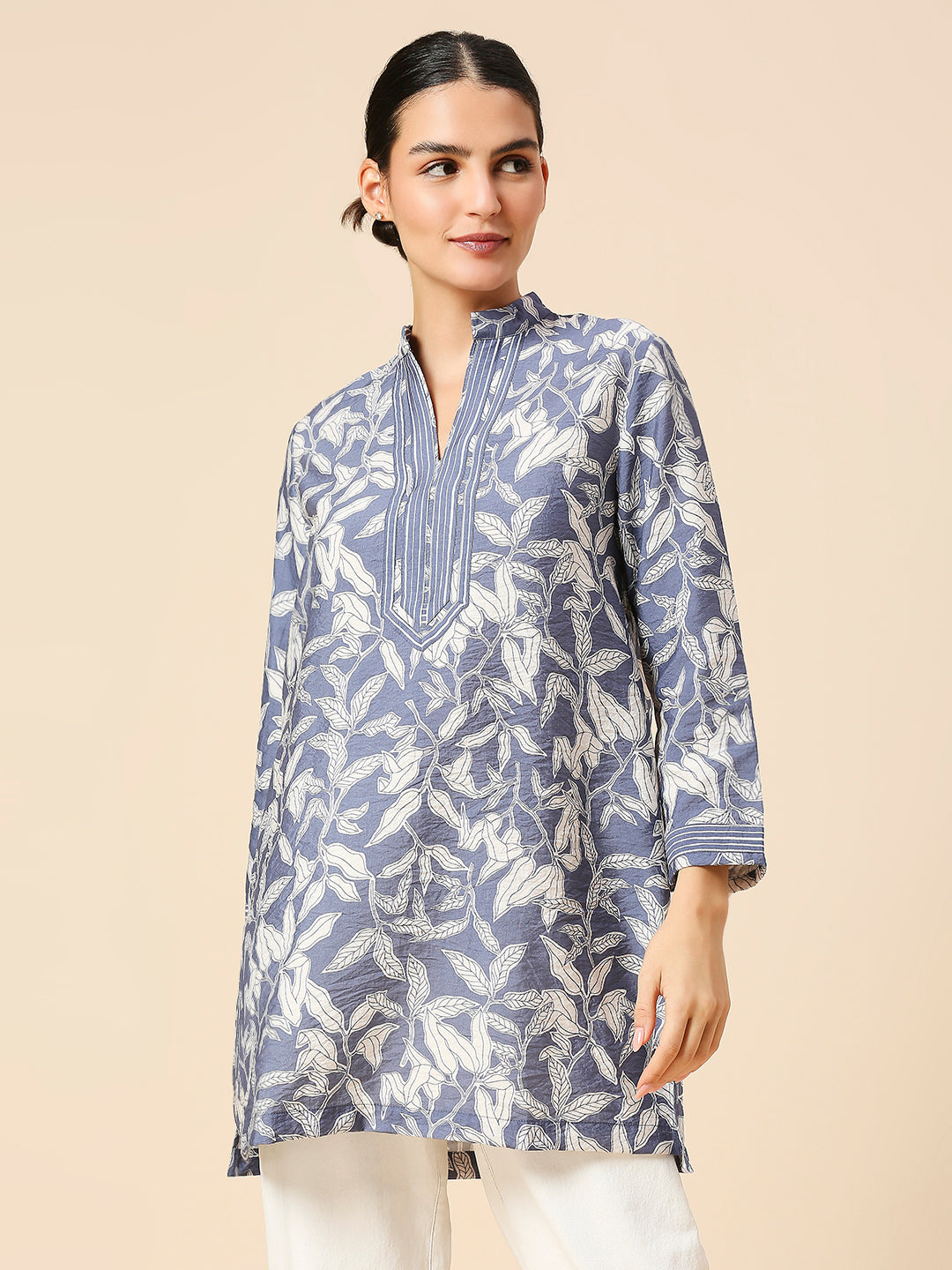 LEAF PRINTED CRUSHED VISCOSE POLYAMIDE POP OVER KURTA