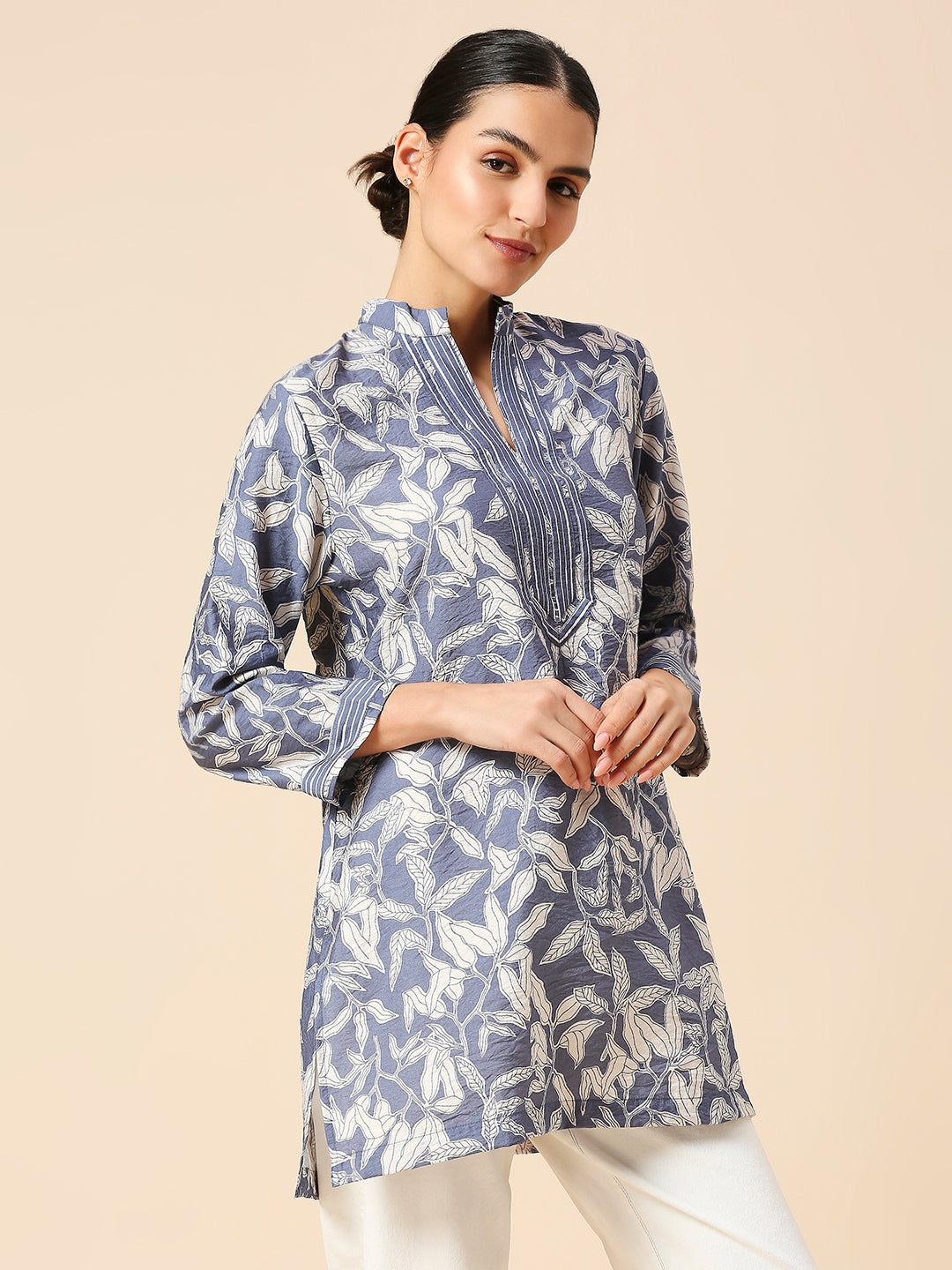 LEAF PRINTED CRUSHED VISCOSE POLYAMIDE POP OVER KURTA