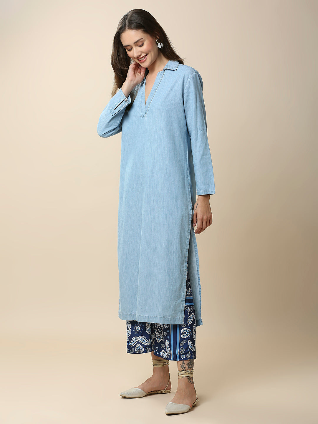 ICE WASH DENIM LONGLINE TUNIC &  PRINTED SATIN WIDE LEG PJ SET