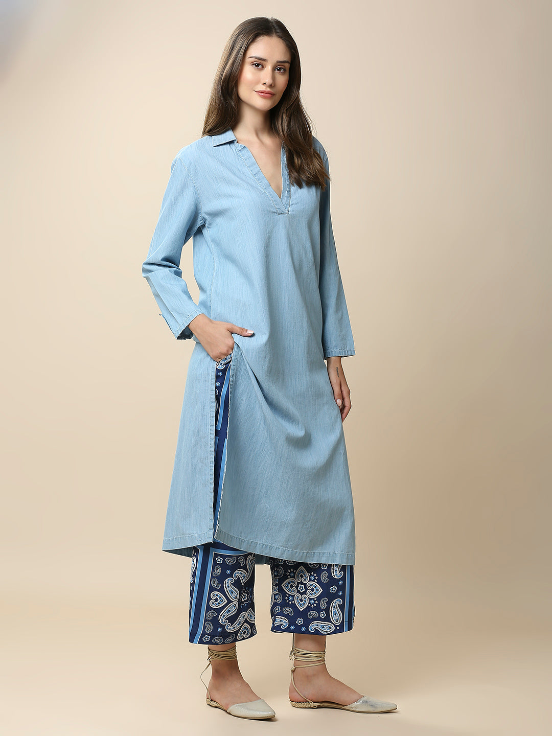 ICE WASH DENIM LONGLINE TUNIC &  PRINTED SATIN WIDE LEG PJ SET