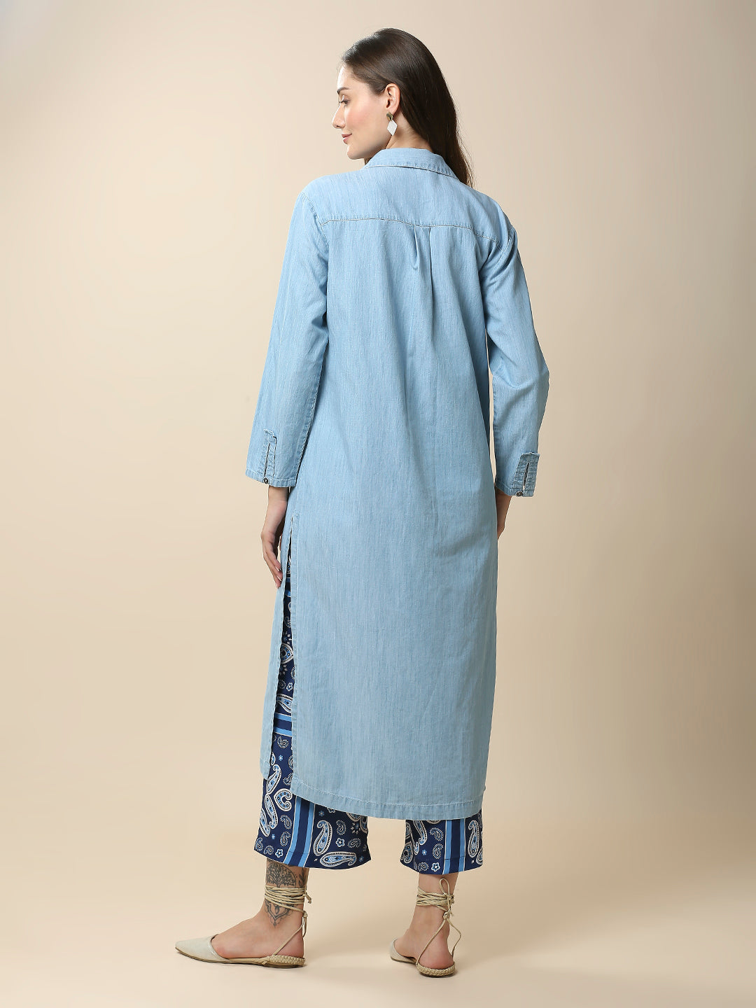 ICE WASH DENIM LONGLINE TUNIC &  PRINTED SATIN WIDE LEG PJ SET