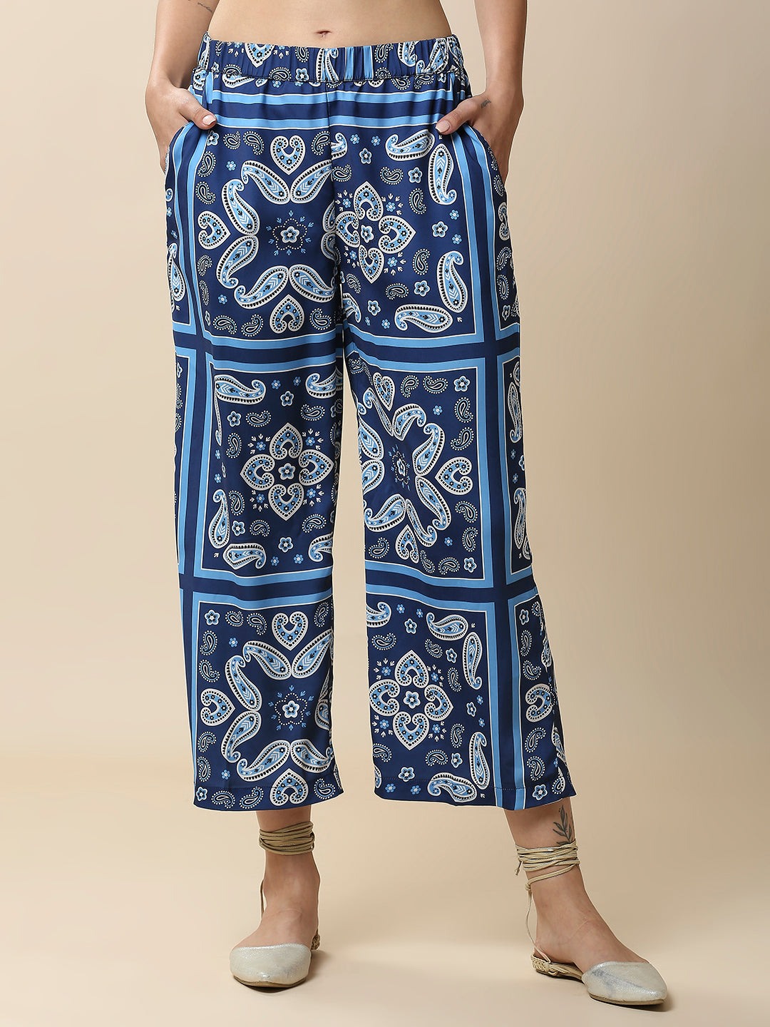 ICE WASH DENIM LONGLINE TUNIC &  PRINTED SATIN WIDE LEG PJ SET