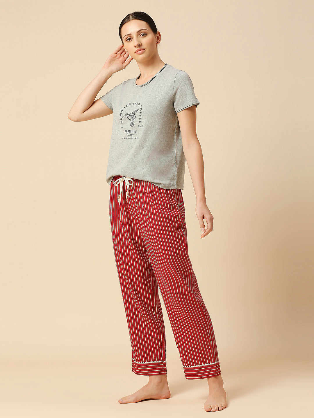 COTTON TEE & PRINTED VISCOSE PJ'S NIGHTSUIT SET