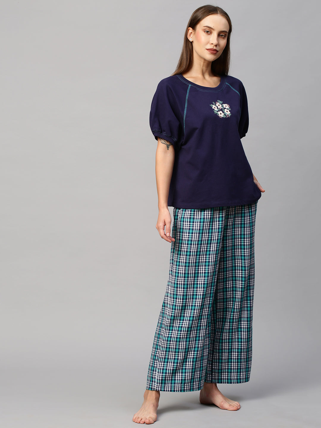 Embroidered Raglan French Terry Tee With Plaid Wide Leg Pj'S