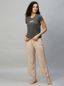 Embroidered Grey Melange Tee W/ Floral Printed Rayon Pj'S