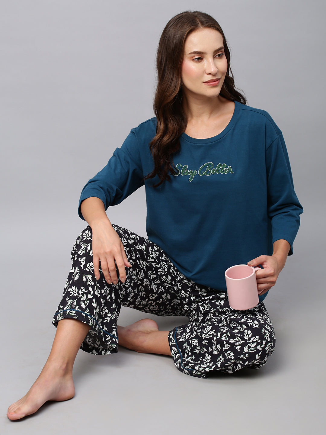Embroidered Drop Shoulder Tee With  Printed Rayon Pj'S