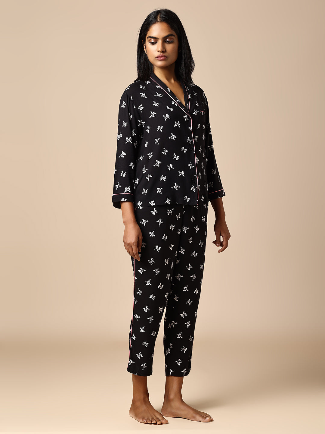 BOW PRINTED VISCOSE NIGHTSUIT