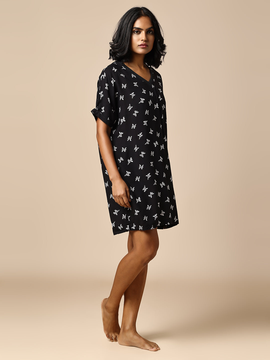 BOW PRINTED VISCOSE POP OVER NIGHT DRESS