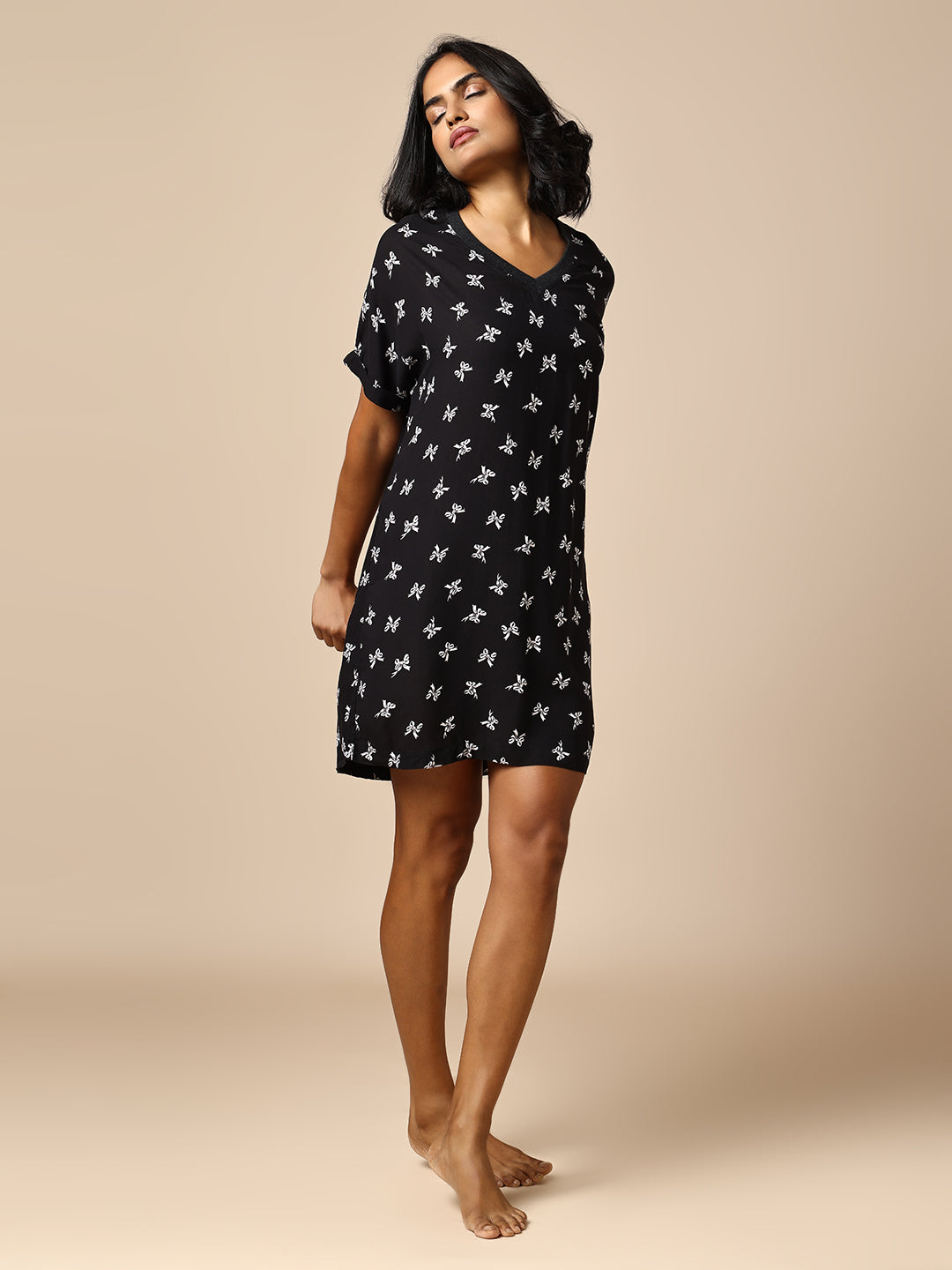 BOW PRINTED VISCOSE POP OVER NIGHT DRESS