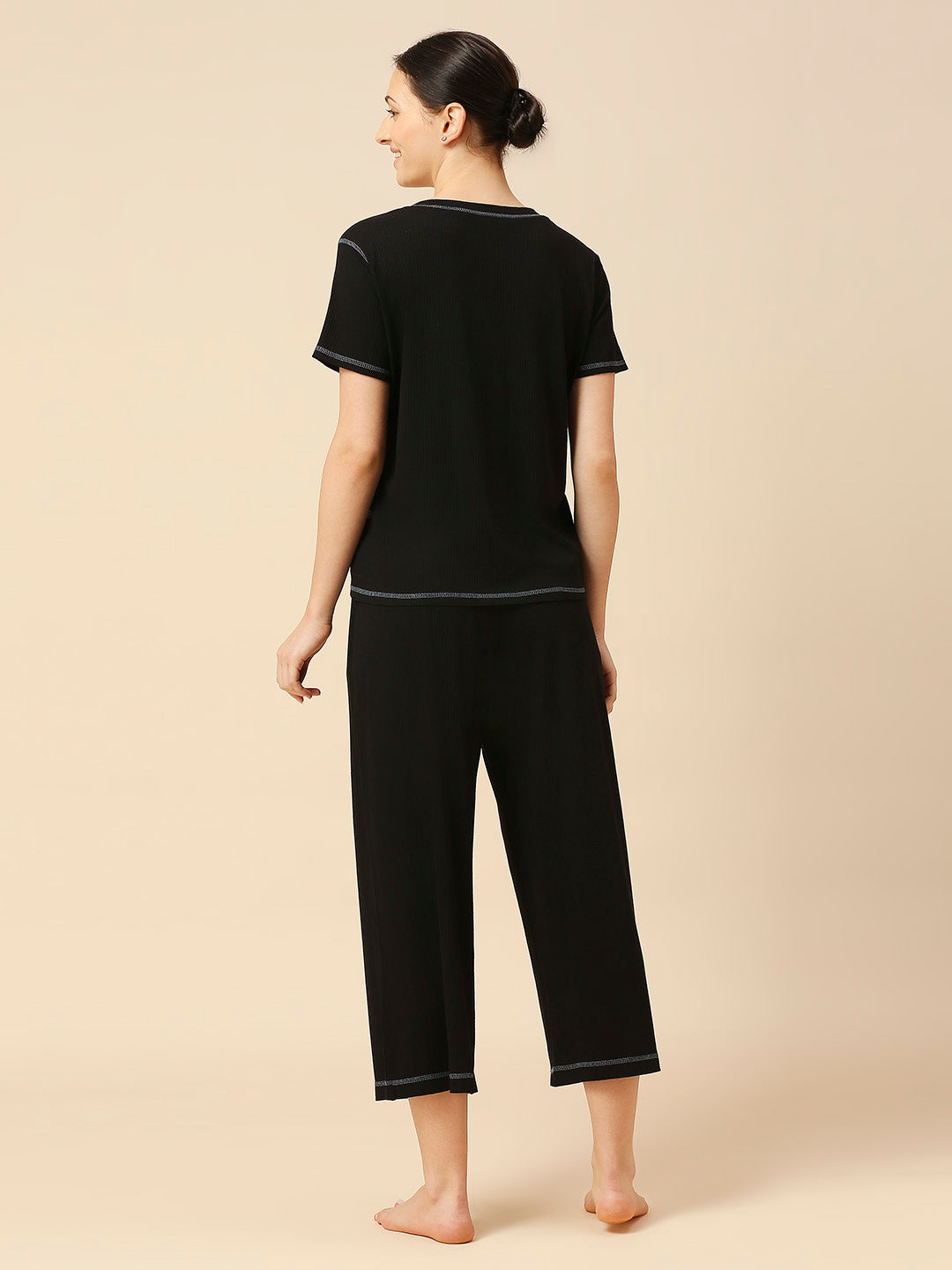 VISCOSE LYCRA RIBBED TEE & CROPPED WIDE LEG PJ SET