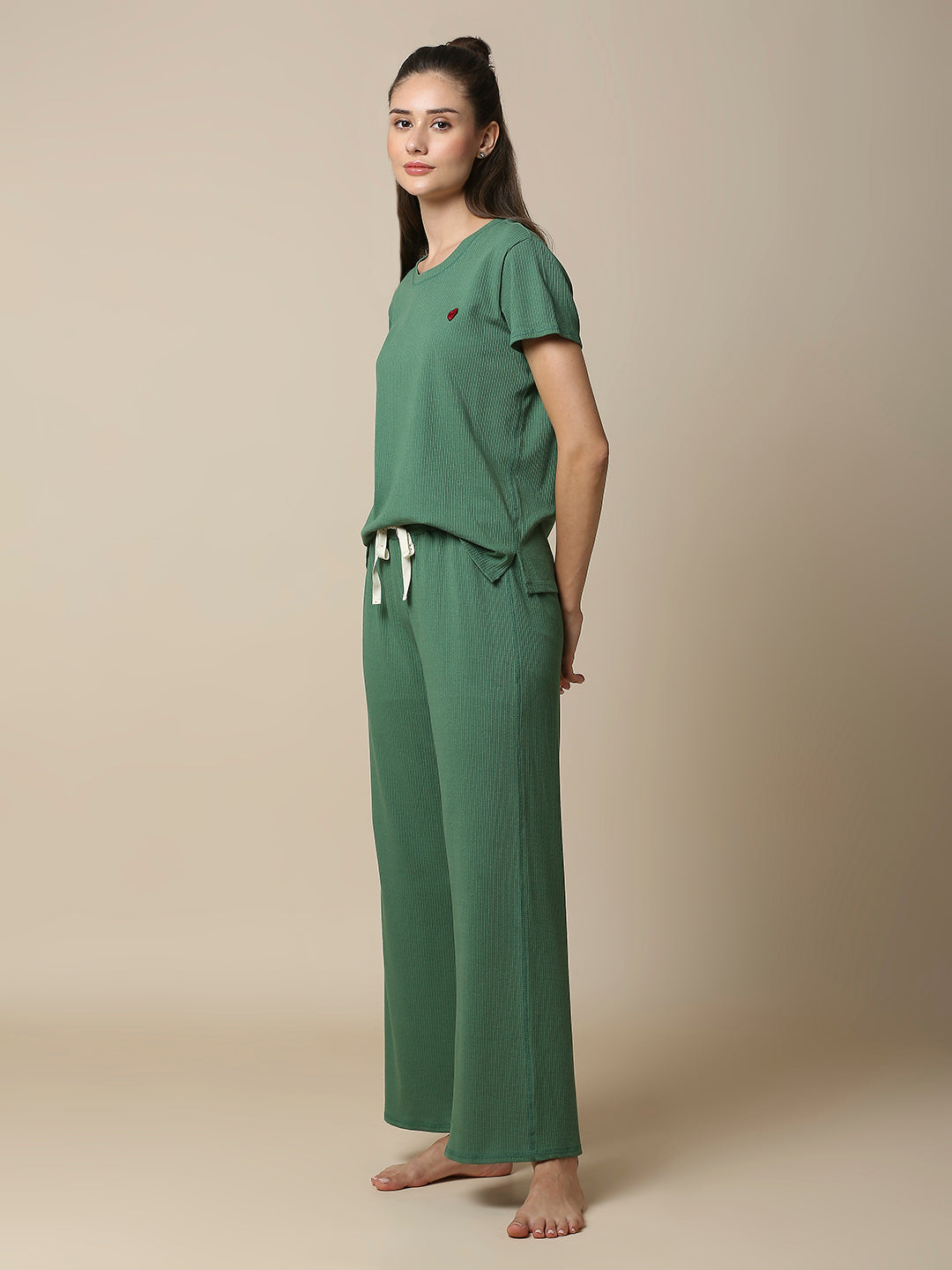 VISCOSE LYCRA RIBBED TEE & WIDE LEG PJ SET