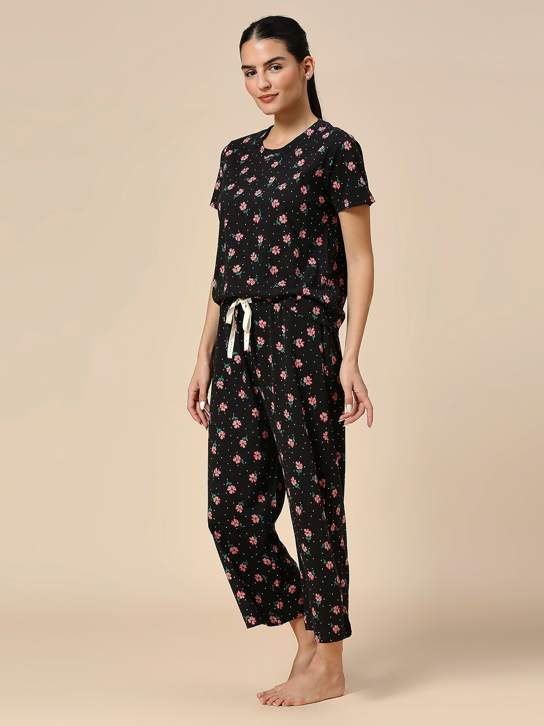 FLORAL PRINTED COTTON JERSEY ESSENTIAL LOUNGE SET